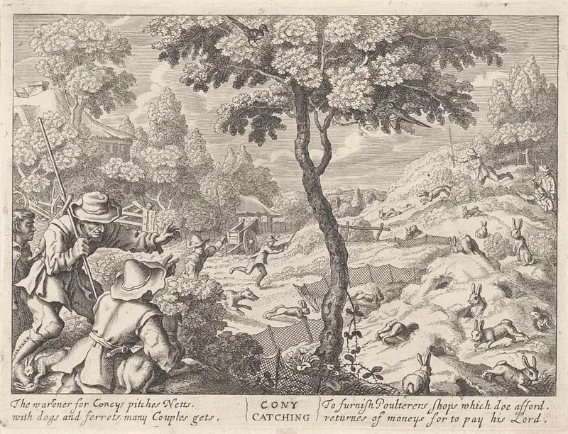 Etching by Richard Gaywood depicting a hunting scene with animals