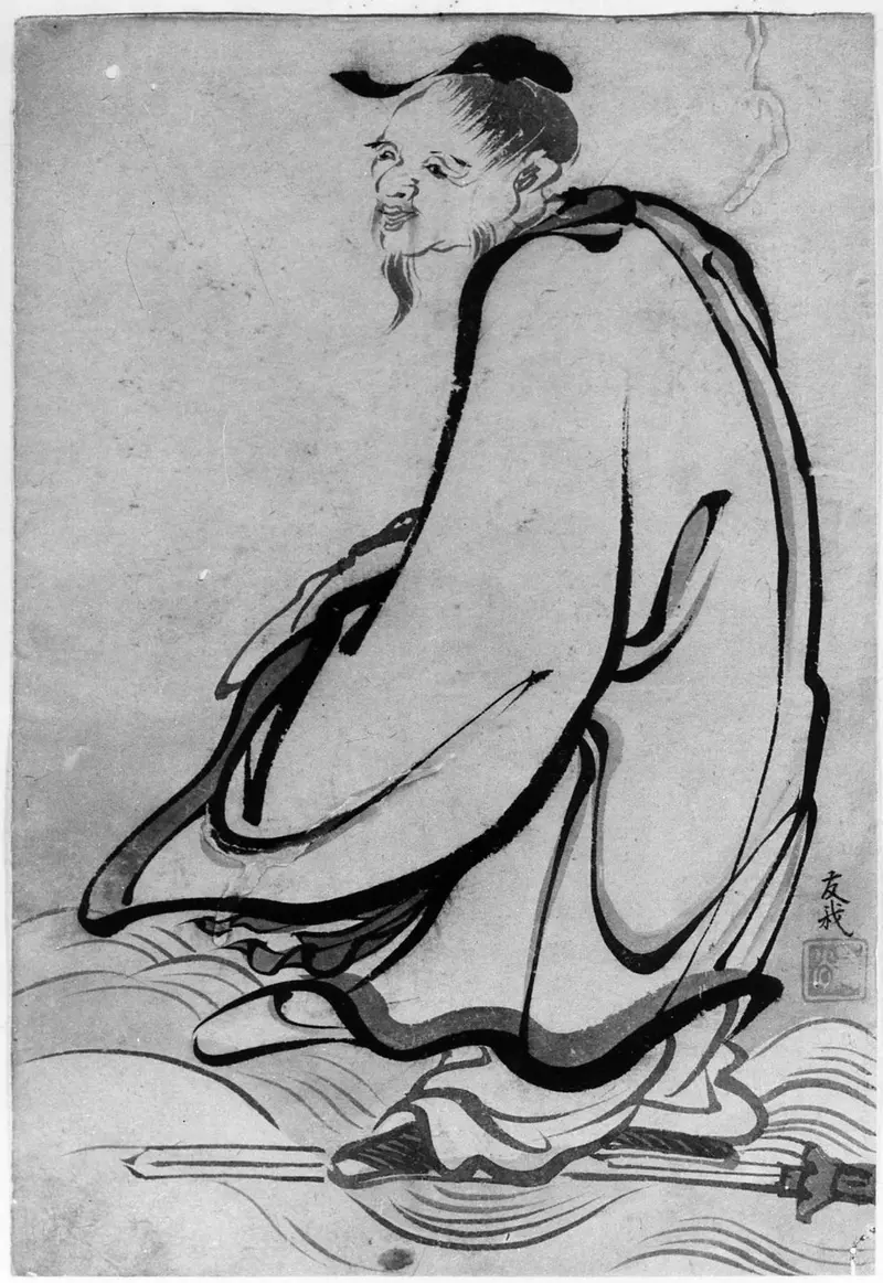 A serene sage in contemplation, draped in flowing robes beneath a gnarled pine tree.