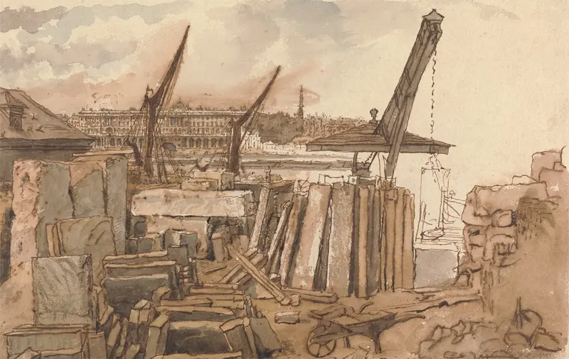 The Building of Waterloo Bridge by William Henry Hunt, watercolor on paper, depicting builders at dawn.