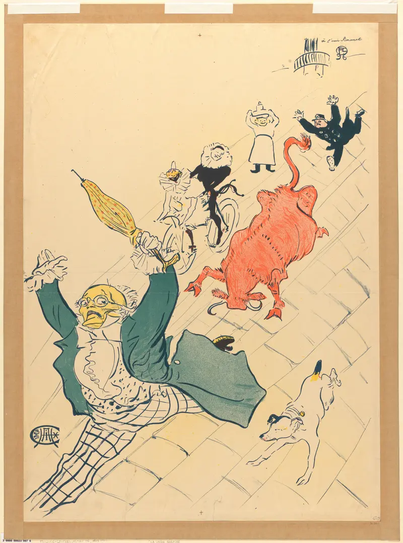 Henri de Toulouse-Lautrec's painting 'La vache enragée' features a vivid depiction of a cow.