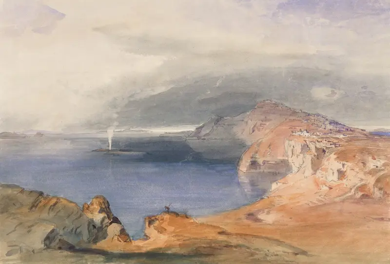 Landscape of Santorini by Carl Rottmann, oil on canvas, featuring cliffs and whitewashed houses.