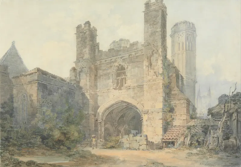 Saint Augustine’s Gate, Canterbury by Joseph Mallord William Turner, oil painting depicting a historical gate with vibrant light.
