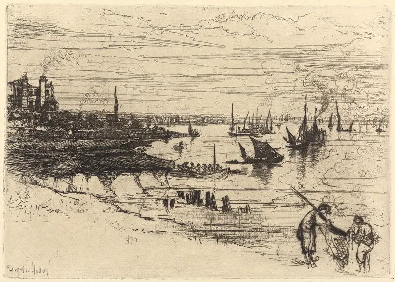 Victorian etching by Francis Seymour Haden depicting a quaint inn at dusk with warm light.