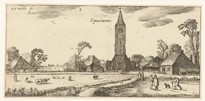 Wandelaars op een weg bij Spaarnwoude, etching by Esaias van de Velde, showing a winding path in a landscape.