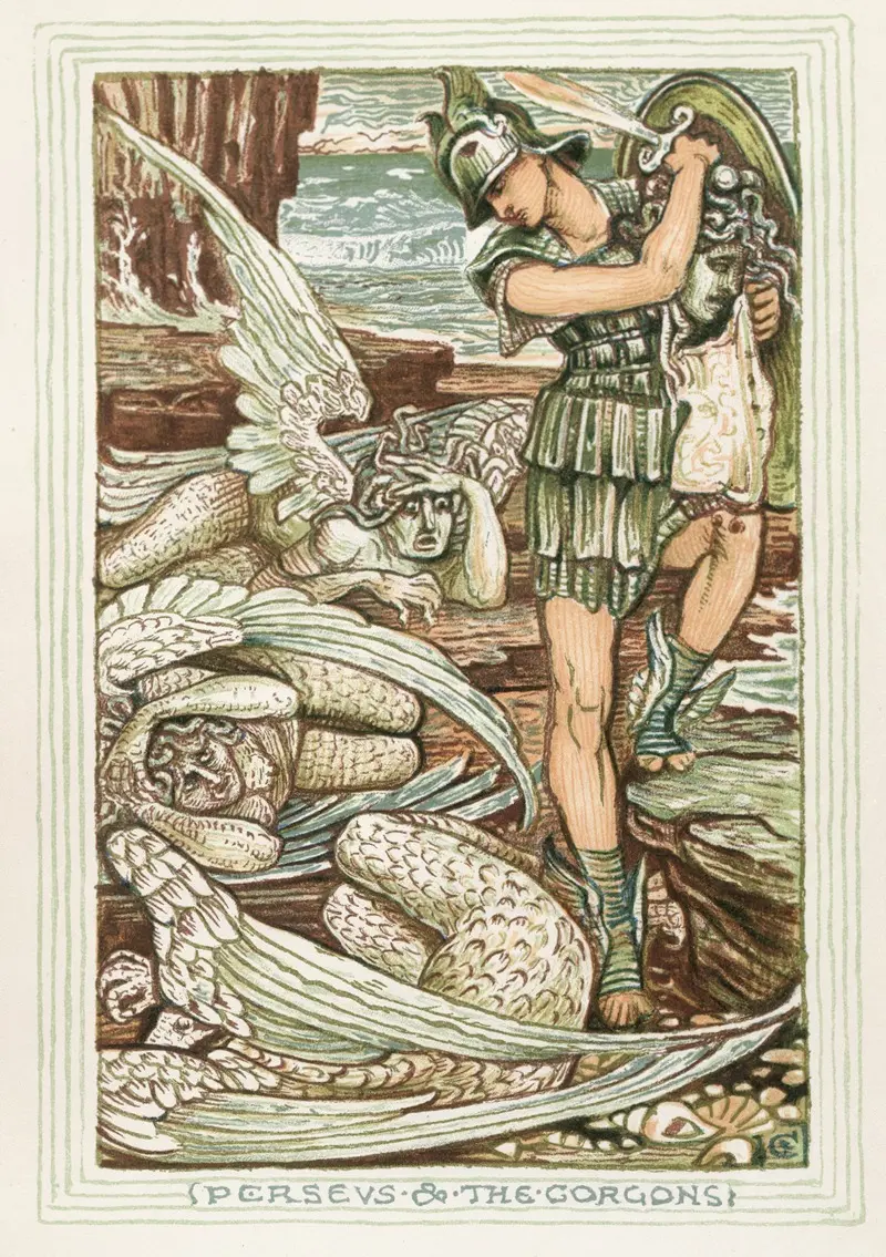 Walter Crane's 'Perseus and the Gorgons' depicts the mythological hero confronting fearsome creatures.