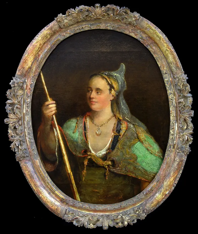 A commanding female allegorical figure in emerald green and gold costume, holding a staff, set against a deep shadowed background.
