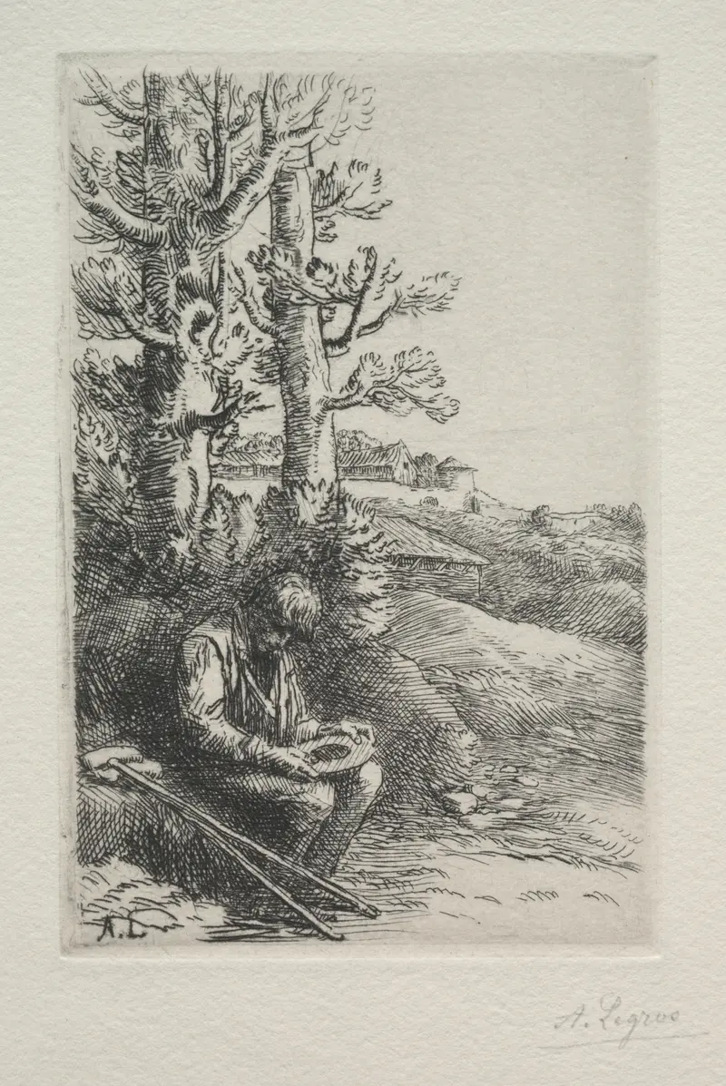 The Little Beggar by Alphonse Legros, oil painting of a young beggar with light illuminating his face.