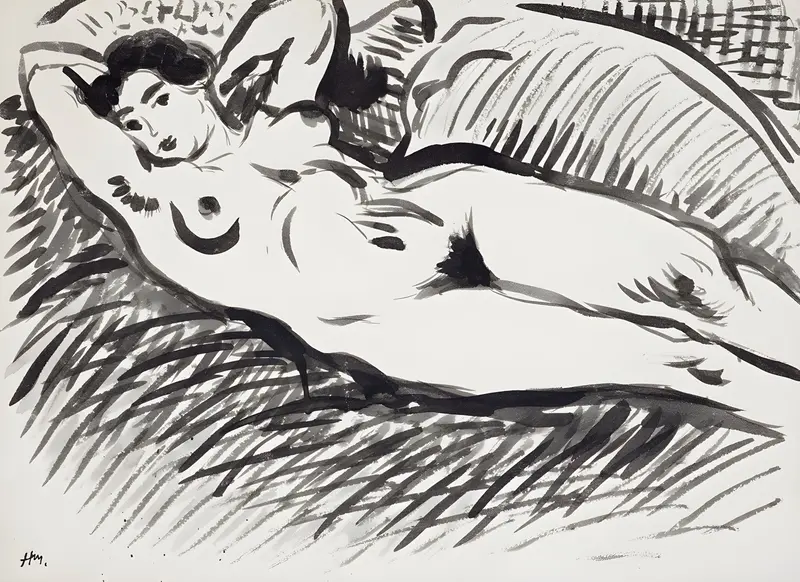 Henri Matisse's 'Nu allongé sur un sofa' features a reclining nude figure in vibrant colors.