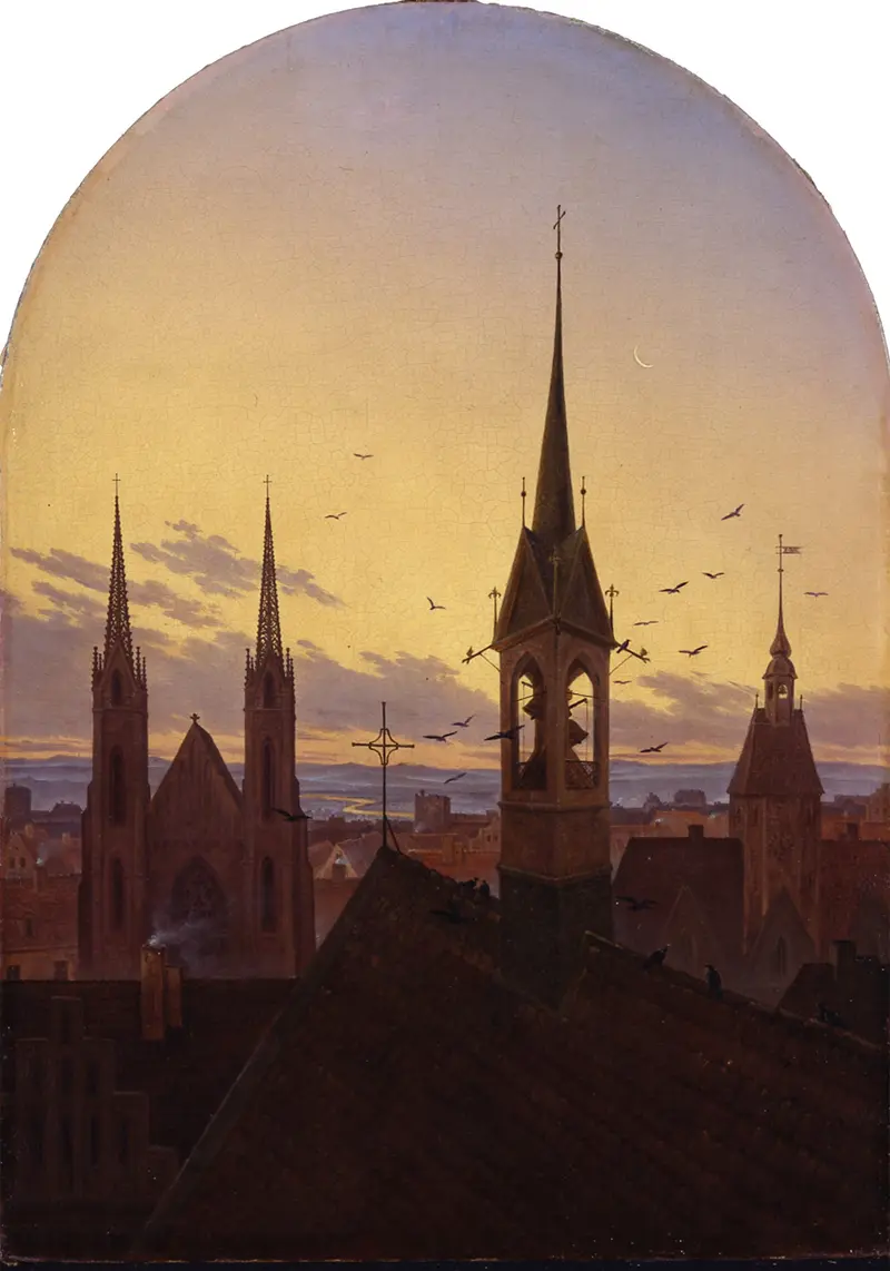 Oil painting by Carl Gustav Carus depicting an ancient city at dawn