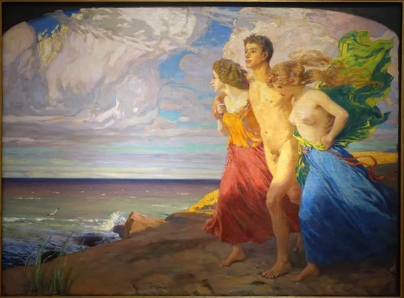 Ludwig von Hofmann's 'Spring Storm' captures a dramatic landscape filled with vibrant colors and dynamic forms.