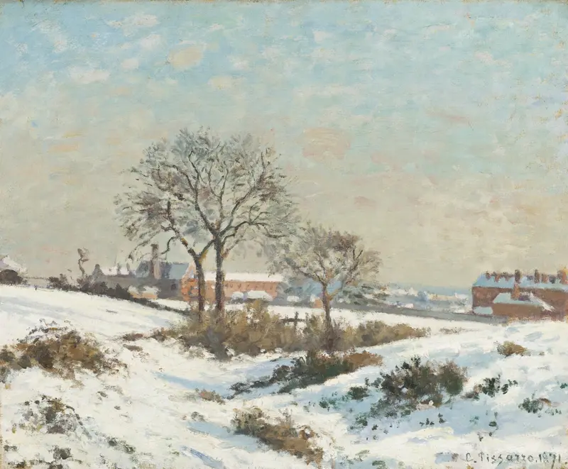 Snowy landscape with a village and trees in winter, oil on canvas by Camille Pissarro
