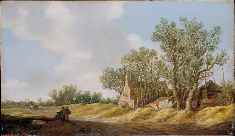 Village Street with People Resting at a Bridge, oil painting by Jan van Goyen