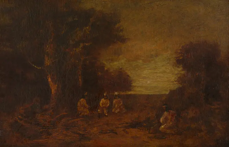 Moonlit landscape with Indigenous figures, oil painting by Ralph Albert Blakelock