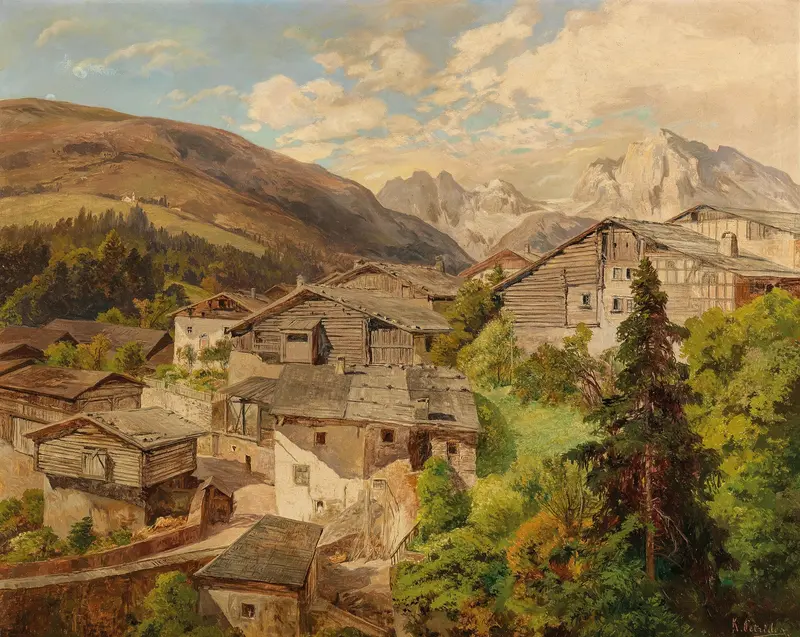 Landscape oil painting by Konrad Petrides featuring vibrant hues and mountains.
