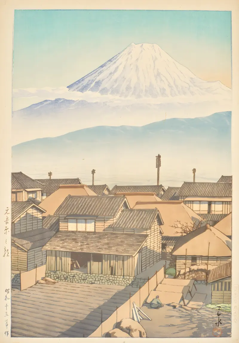Woodblock print by Kawase Hasui showing rooftops in morning light.