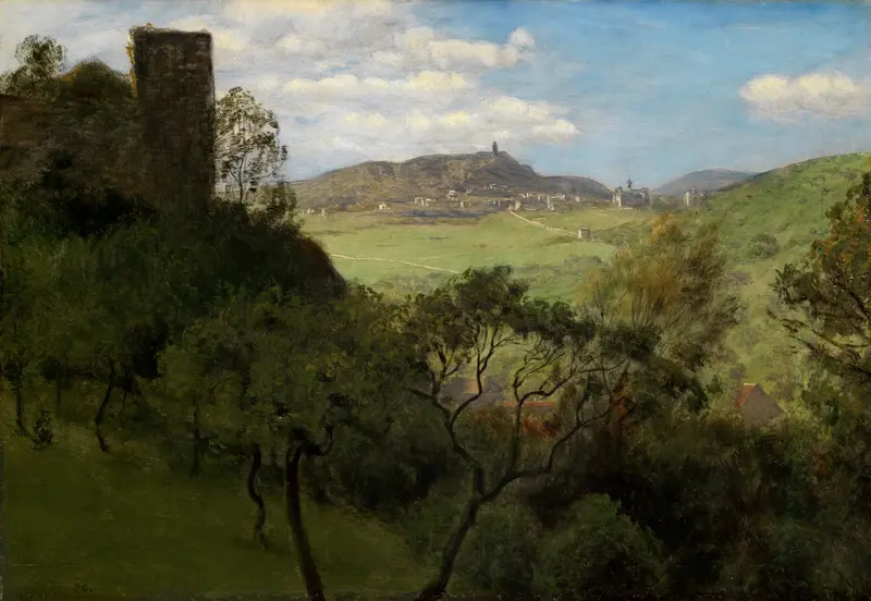 Landscape oil painting by Hans Thoma featuring hills and a distant castle.