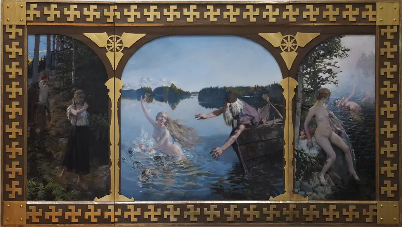 A triptych featuring a young woman at a forest edge, a figure emerging from a lake, and a contemplative nude by the water.