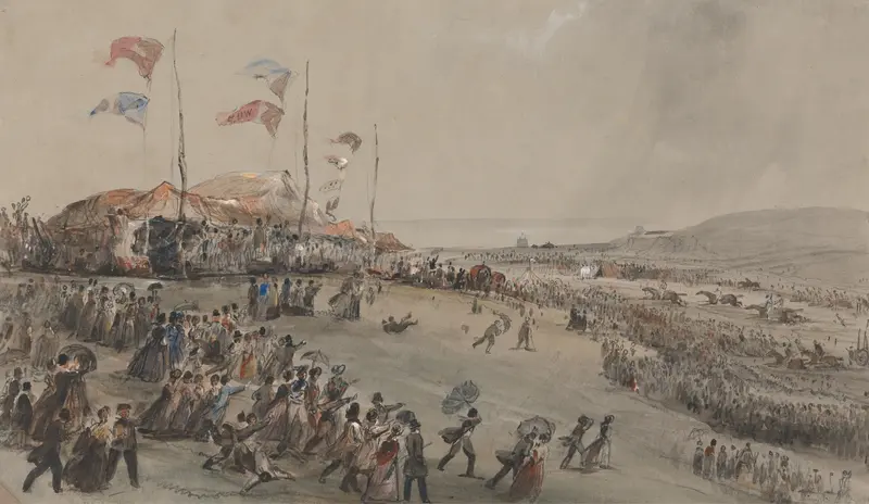 Hastings Races by George Bryant Campion, depicting horses racing on a track under a vast sky, oil painting.