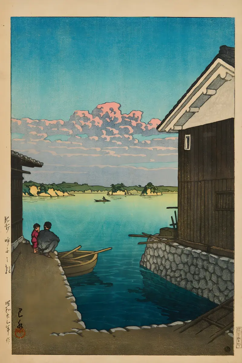 Landscape of Hizen Yobuko no asa by Kawase Hasui, ukiyo-e