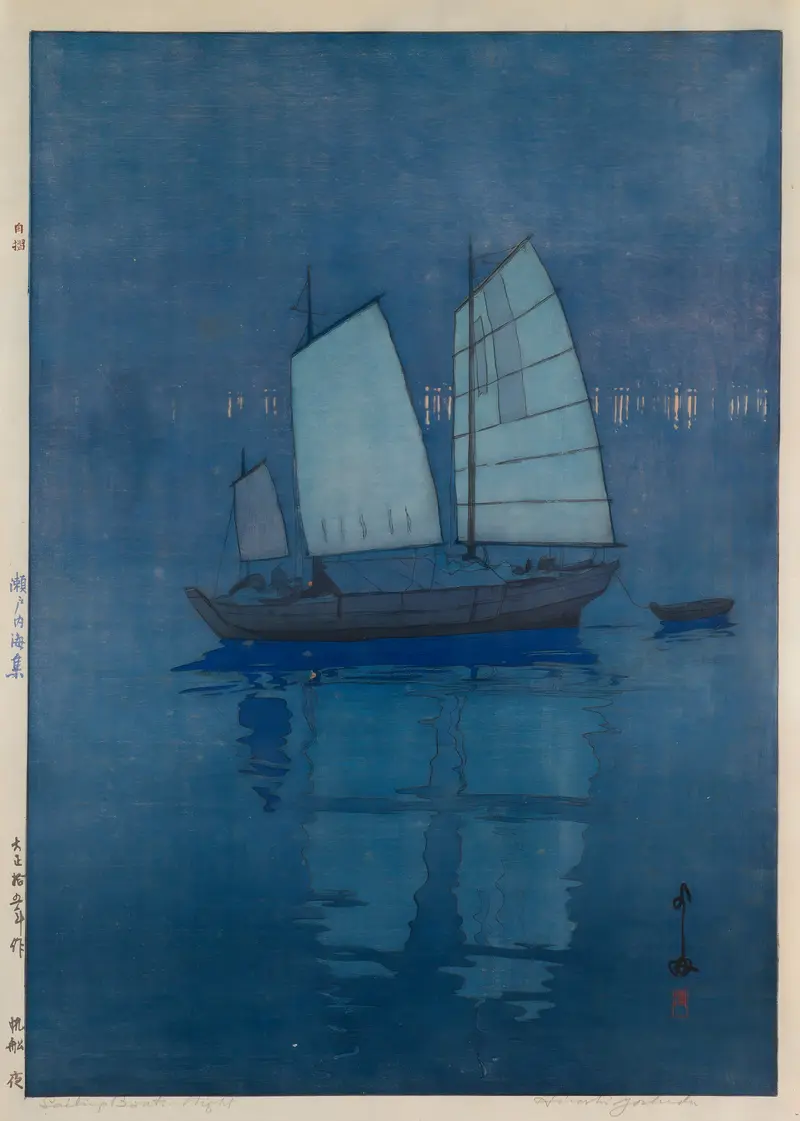 Woodblock print by Yoshida Hiroshi depicting boats on dark water illuminated by moonlight