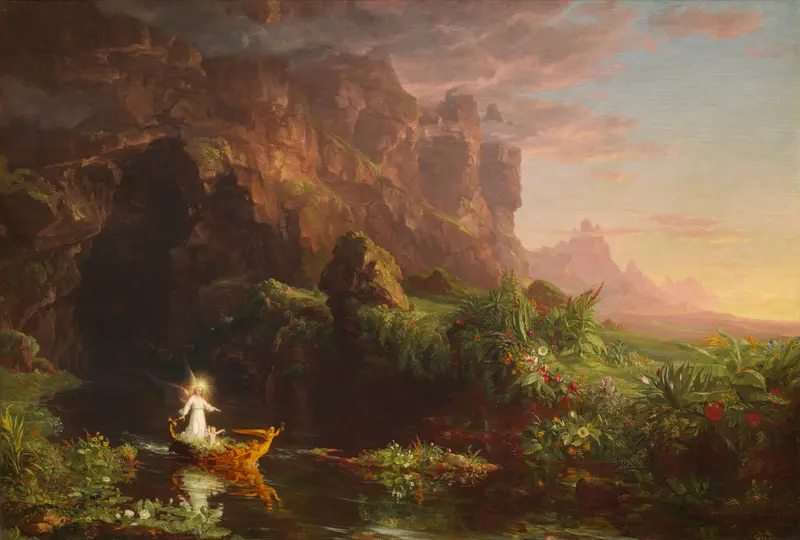 Oil painting by Thomas Cole depicting a child in a boat on a lake surrounded by greenery and golden light.