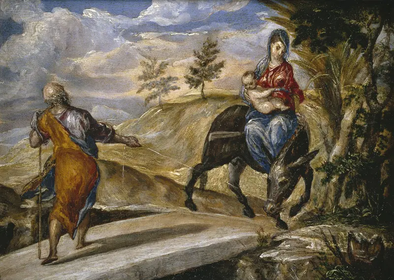 El Greco's 'The Flight into Egypt' depicts the Holy Family's escape with elongated figures in a luminous landscape.