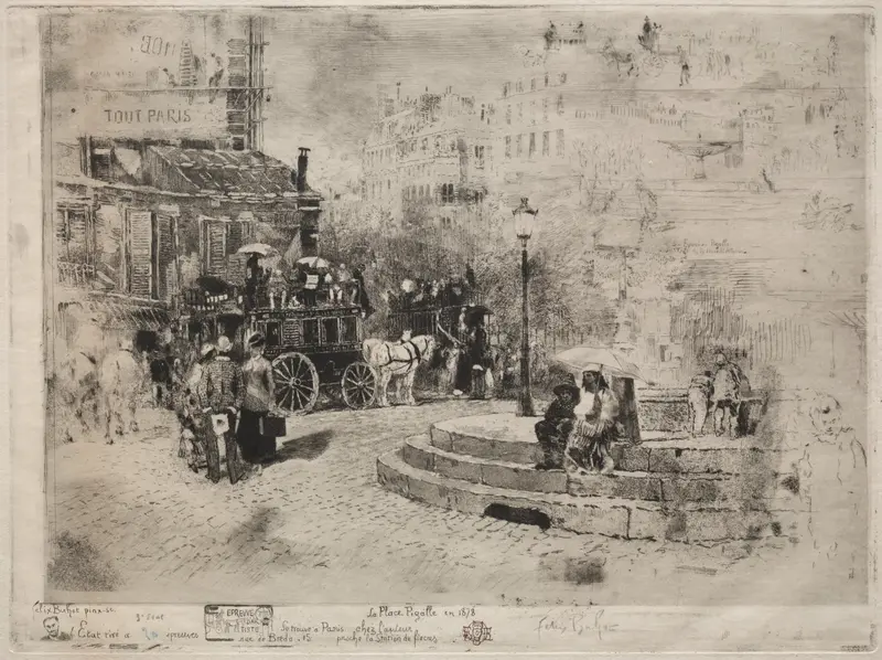 Place Pigalle en 1878 by Félix Hilaire Buhot, impressionism, depicting rooftops and light over cobblestones.