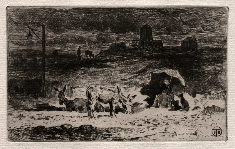 The Donkeys at the Hill of the Cailles, oil painting by Félix Hilaire Buhot, depicting donkeys grazing in a serene landscape.