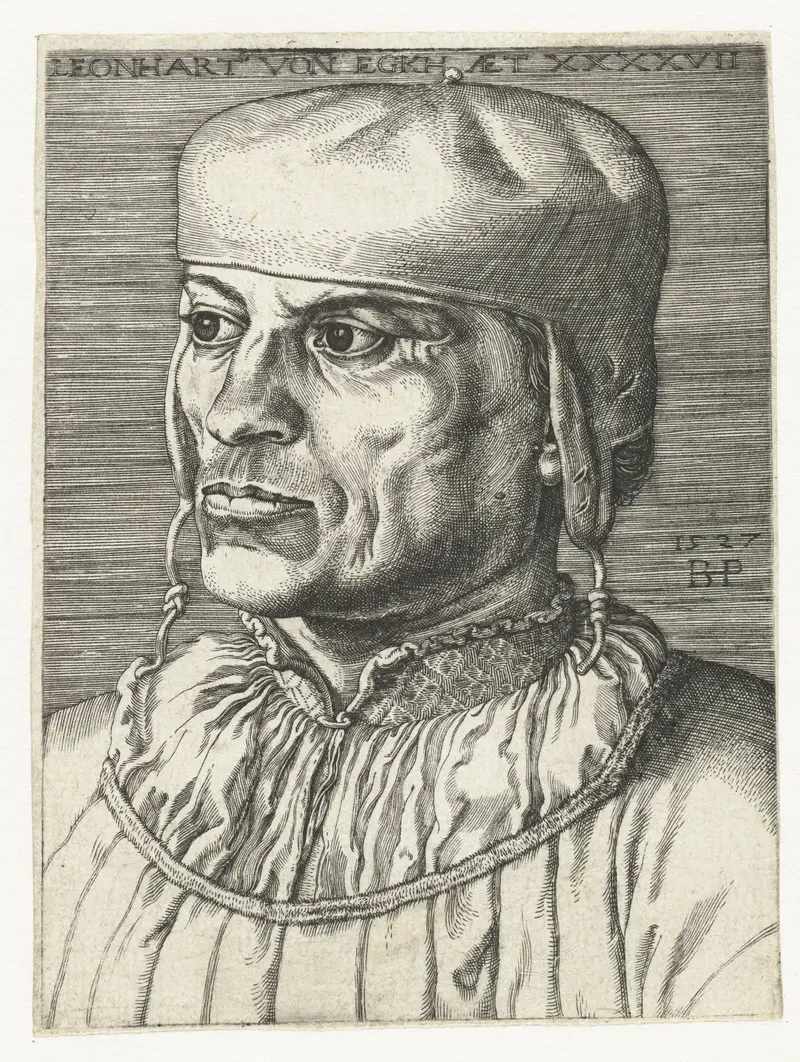 Engraving of chancellor Leonhard von Eck in rich robes by Barthel Beham