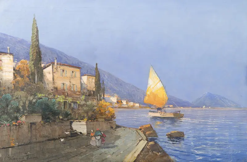 Mediterranean Landscape by Georg Fischhof, oil painting depicting hills and sunset.