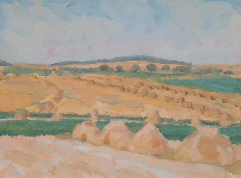 Harvest landscape oil painting by Walther Gamerith, featuring fields and farmers.
