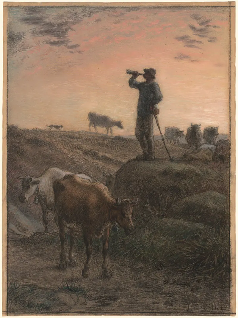 Calling Home the Cows by Jean-François Millet, oil painting of women guiding cows homeward.