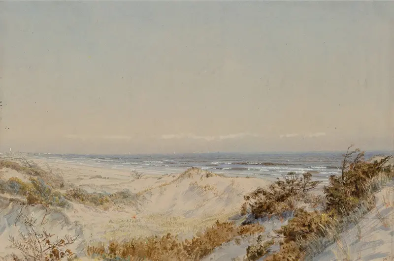 Dunes Near Atlantic City by William Trost Richards, oil painting depicting sandy dunes and sky.