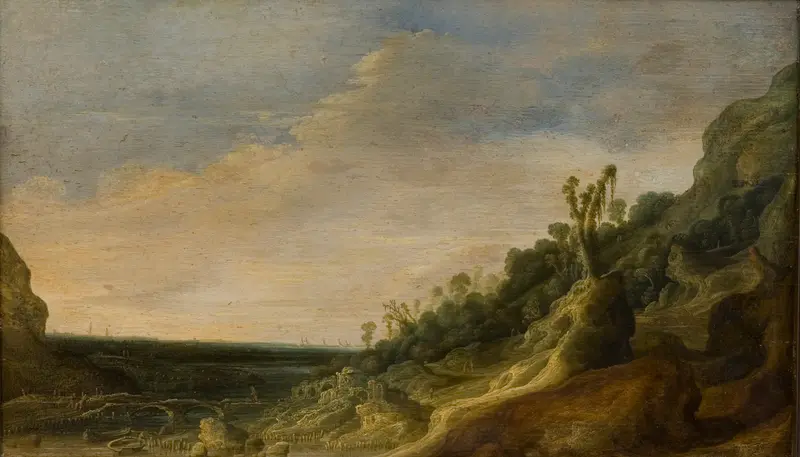 Mountain Scenery with a View of a River and the Sea by Jacob van Geel, oil painting