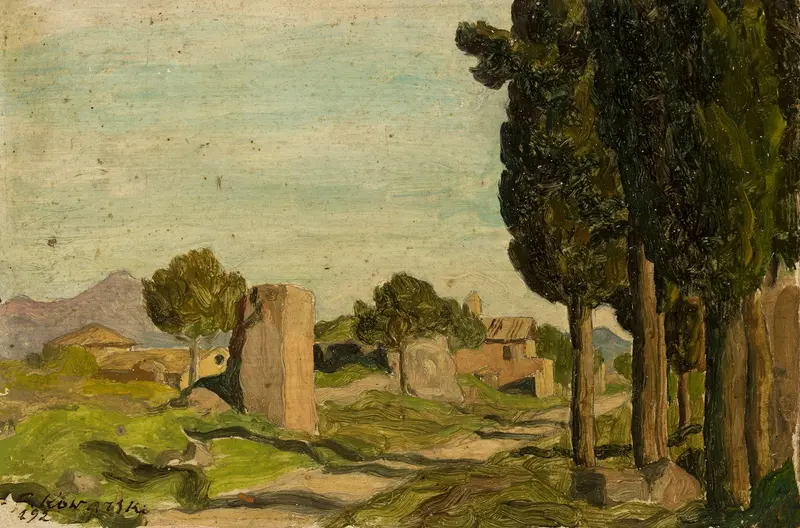 Italian landscape by Felicjan Szczęsny Kowarski, oil on canvas featuring rolling hills and golden light.