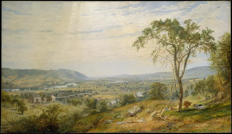 A sunlit valley with rolling hills, a winding river, a tall tree shading a man and a girl near grazing cattle, and buildings in the distance.