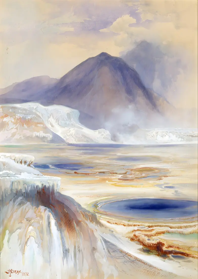Mammoth Hot Springs landscape by Thomas Moran, depicting terraces and steam, oil painting