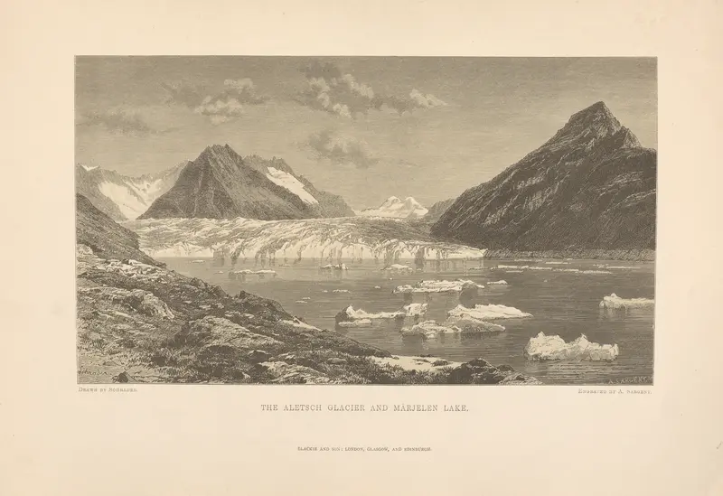 Oil painting by Theodor Gsell Fels of Aletsch Glacier and Marjelen Lake