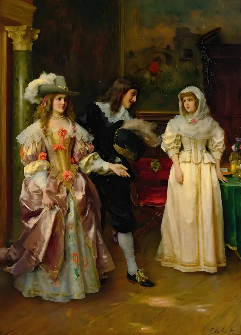 Interior scene with an elegant woman in a silk gown, oil on canvas by Federico Andreotti