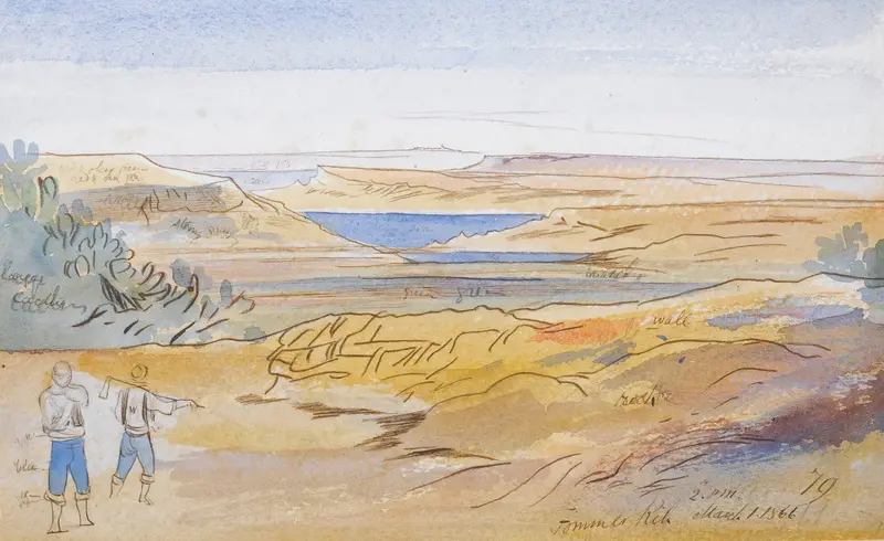 Fomm Ir-Rih by Edward Lear, watercolor on paper depicting crashing waves and rugged coastline