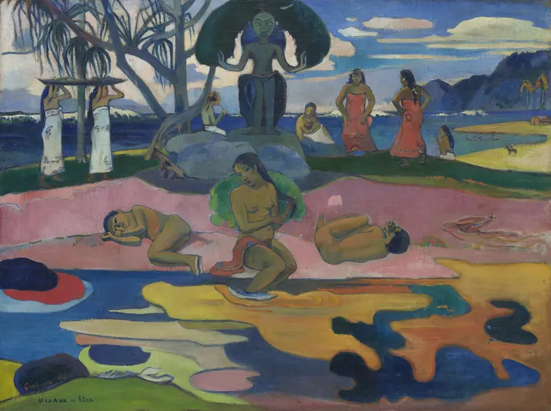 Mahana no atua by Paul Gauguin, oil on canvas depicting vibrant figures in a tropical setting