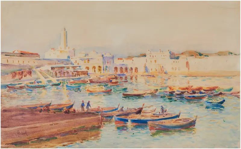 Marine scene with harbor, boats, and sky by Alphonse Birck, oil on canvas