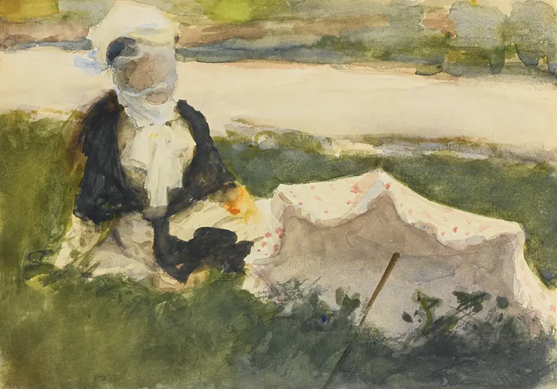A woman holding a parasol in a sunlit landscape.