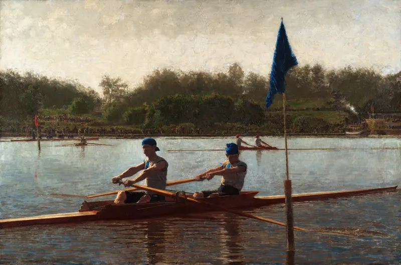 The Biglin Brothers Turning the Stake by Thomas Eakins, oil painting of two brothers rowing.