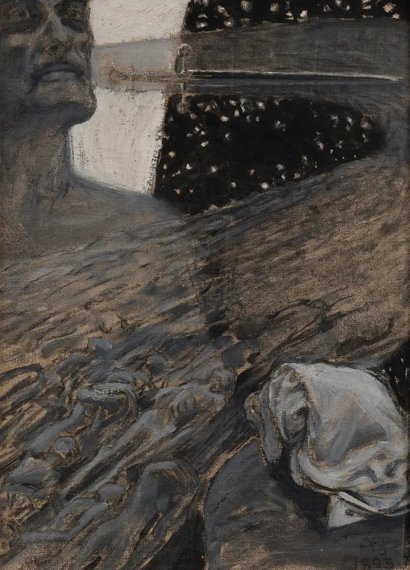 A haunting figure presides over a river filled with indistinct, writhing bodies, evoking themes of mortality and fate.