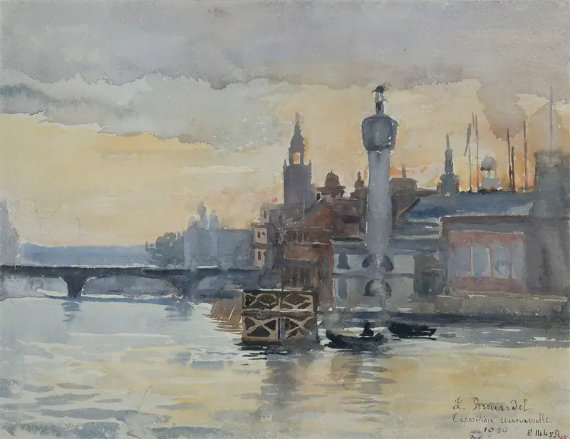 Impressionist oil painting by Laure Brouardel depicting pavilions by the Seine river