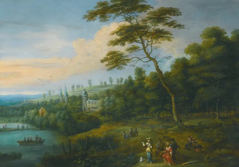 Landscape with lush greenery and flowers by Lucas van Uden, oil painting