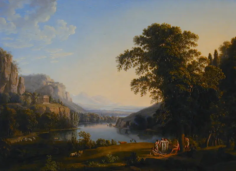 Arcadian Landscape by Ludwig Philipp Strack, oil painting depicting gentle hills under an amber sky.
