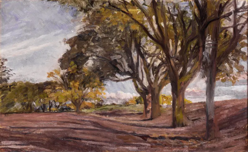 A row of chestnut trees casting shadows on a path, with a pale sky and vibrant ground colors.