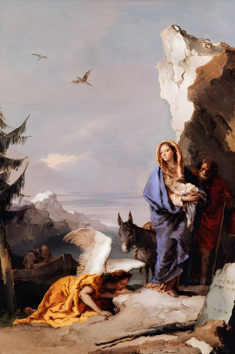 Giovanni Battista Tiepolo's 'The Flight into Egypt' depicts the Holy Family's journey with vibrant colors and dynamic figures.